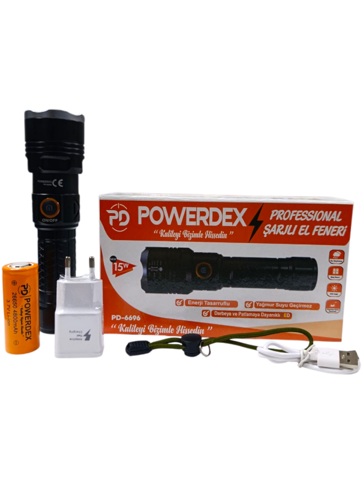 PD-6696 Profesyonel El Feneri | 15W – 1500 Lümen – 4800 Mah – Zoomlu – Metal Kasa – Type-C Şarjlı