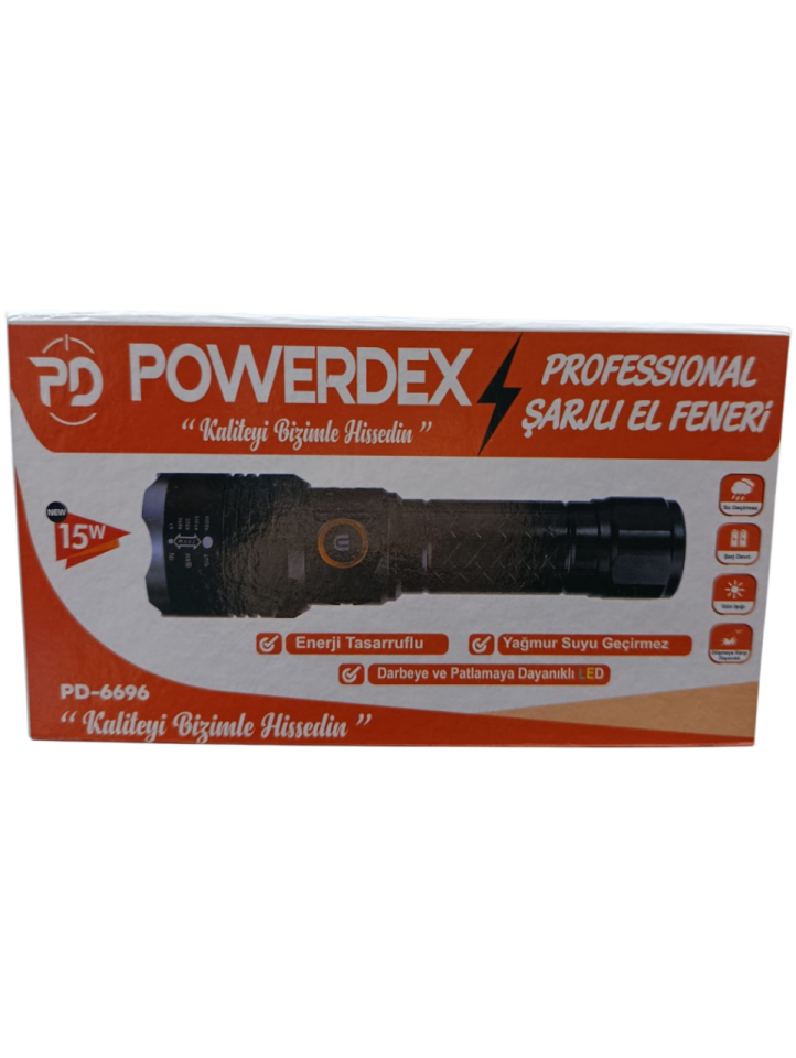 PD-6696 Profesyonel El Feneri | 15W – 1500 Lümen – 4800 Mah – Zoomlu – Metal Kasa – Type-C Şarjlı