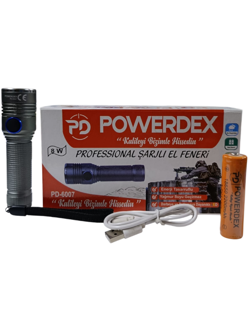 PD-6007 Profesyonel El Feneri | 8W – 2200 Mah – Zoomlu – Metal Kasa – Micro-Usb Şarjlı