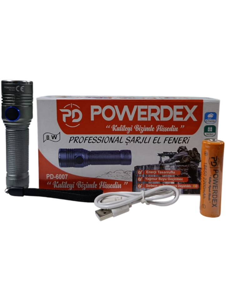 PD-6007 Profesyonel El Feneri | 8W – 2200 Mah – Zoomlu – Metal Kasa – Micro-Usb Şarjlı