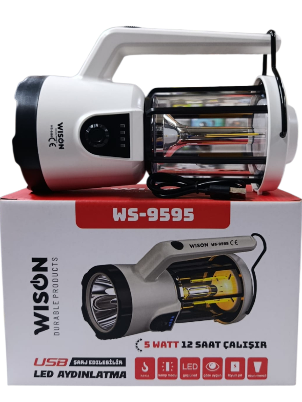 WS-9595 Profesyonel El Feneri & Kamp Lambası | 5W – 3 Işık Modu – Asılabilir – Powerbank – Type-C Şarjlı