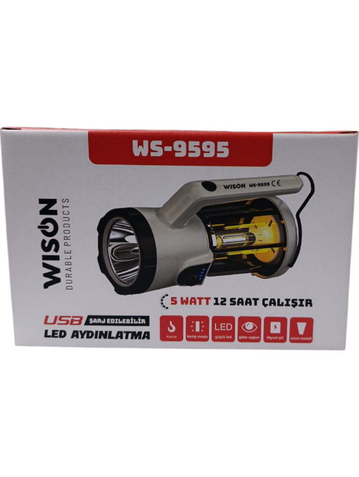 WS-9595 Profesyonel El Feneri & Kamp Lambası | 5W – 3 Işık Modu – Asılabilir – Powerbank – Type-C Şarjlı