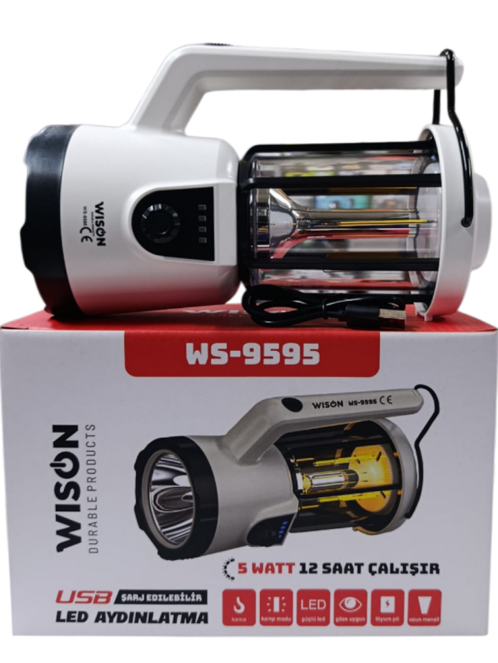 WS-9595 Profesyonel El Feneri & Kamp Lambası | 5W – 3 Işık Modu – Asılabilir – Powerbank – Type-C Şarjlı