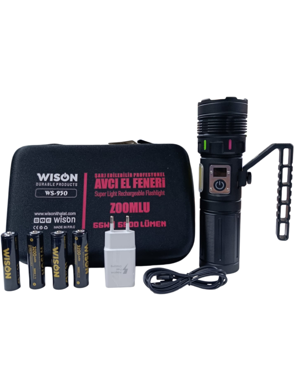 WS-950 Profesyonel El Feneri | 55W – 5500 Lümen – Güçlü Cob Light – Powerbank – Zoomlu – Dijital Göstergeli – Type-C