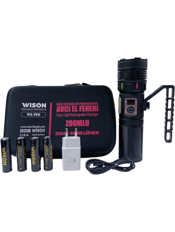 WS-950 Profesyonel El Feneri | 55W – 5500 Lümen – Güçlü Cob Light – Powerbank – Zoomlu – Dijital Göstergeli – Type-C