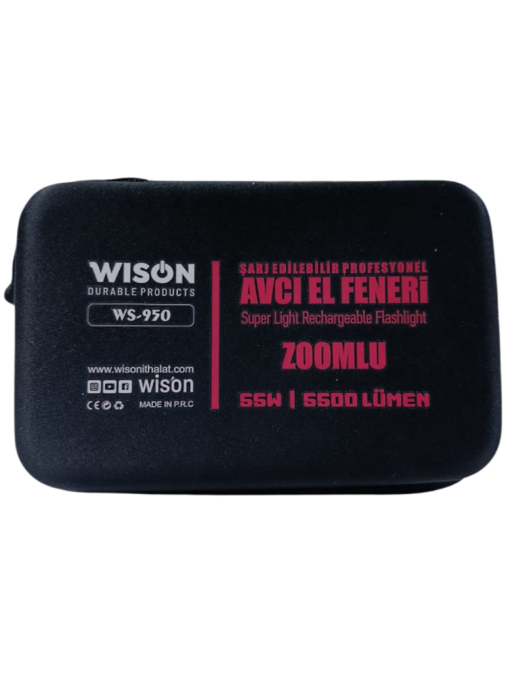 WS-950 Profesyonel El Feneri | 55W – 5500 Lümen – Güçlü Cob Light – Powerbank – Zoomlu – Dijital Göstergeli – Type-C