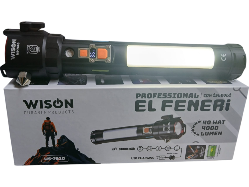 WS-7510 Profesyonel Acil Durum El Feneri | 40W – 4000 Lümen – 10.000 Mah – Cam Kırıcılı, Kemer Kesmeli & Çakmak Özellikli