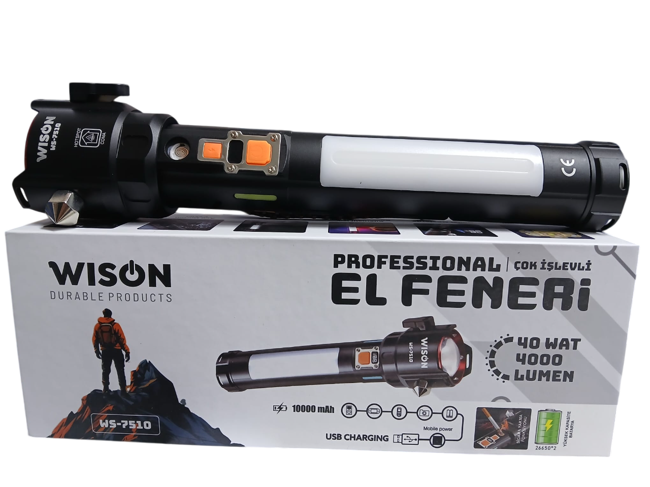 WS-7510 Profesyonel Acil Durum El Feneri | 40W – 4000 Lümen – 10.000 Mah – Cam Kırıcılı, Kemer Kesmeli & Çakmak Özellikli