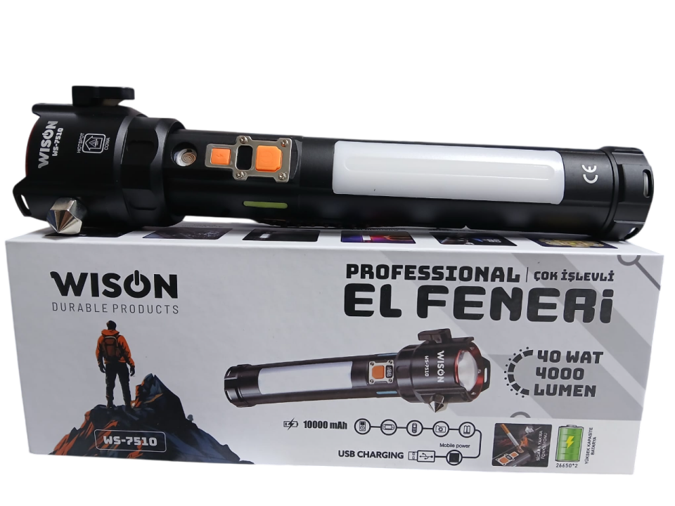 WS-7510 Profesyonel Acil Durum El Feneri | 40W – 4000 Lümen – 10.000 Mah – Cam Kırıcılı, Kemer Kesmeli & Çakmak Özellikli