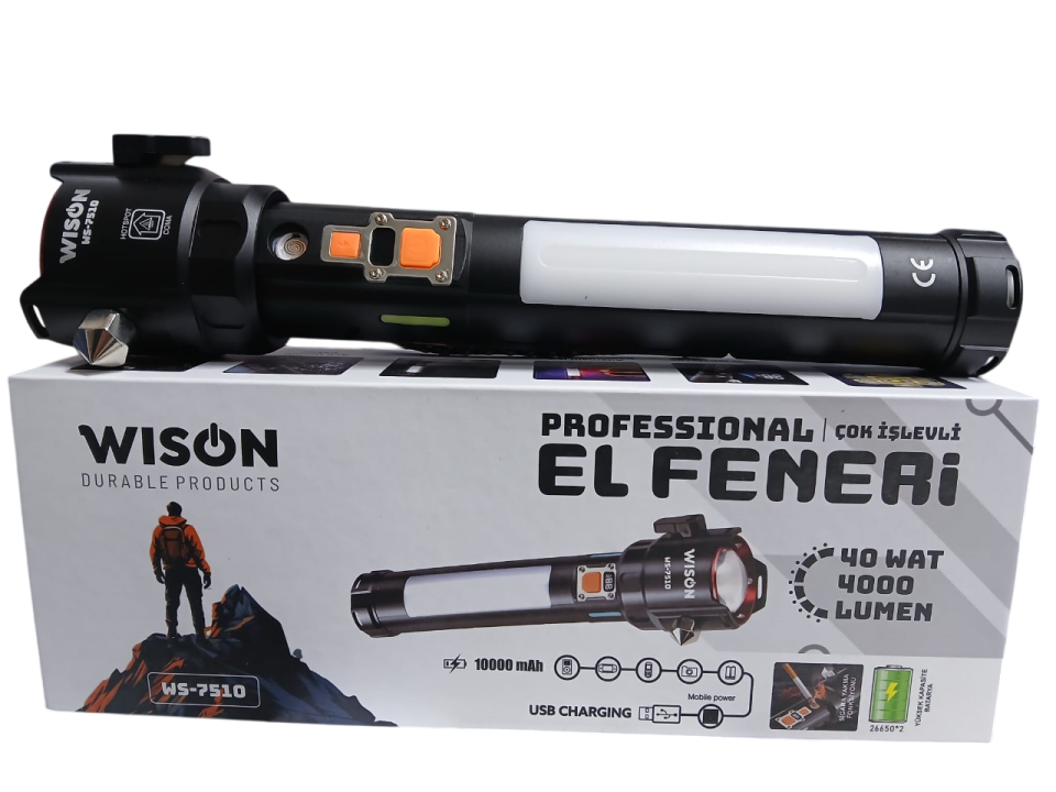 WS-7510 Profesyonel Acil Durum El Feneri | 40W – 4000 Lümen – 10.000 Mah – Cam Kırıcılı, Kemer Kesmeli & Çakmak Özellikli