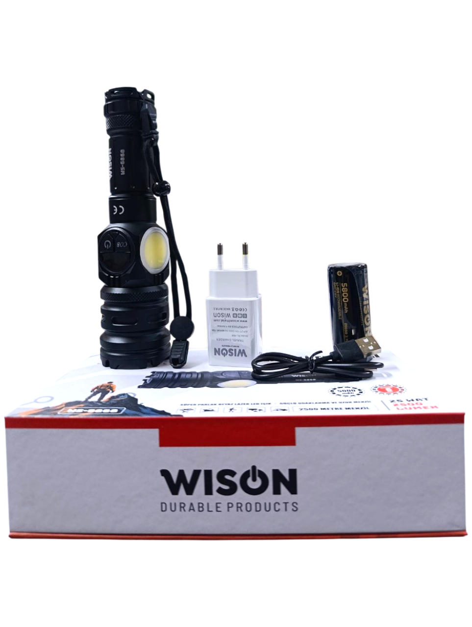 Wison WS-6868 Profesyonel El Feneri | 25W – 2500 Lümen – 5800 Mah – Zoomlu – Güçlü Cob Light – Metal Kasa – Powerbank – Type-C Şarjlı