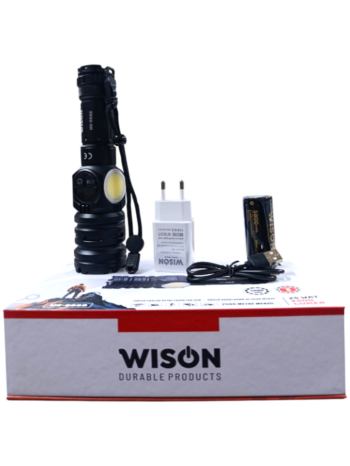 Wison WS-6868 Profesyonel El Feneri | 25W – 2500 Lümen – 5800 Mah – Zoomlu – Güçlü Cob Light – Metal Kasa – Powerbank – Type-C Şarjlı