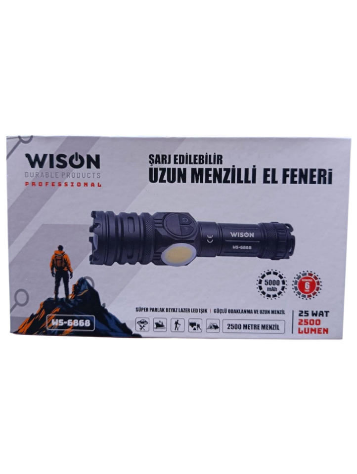 Wison WS-6868 Profesyonel El Feneri | 25W – 2500 Lümen – 5800 Mah – Zoomlu – Güçlü Cob Light – Metal Kasa – Powerbank – Type-C Şarjlı