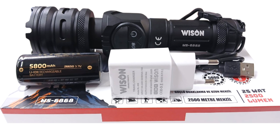 Wison WS-6868 Profesyonel El Feneri | 25W – 2500 Lümen – 5800 Mah – Zoomlu – Güçlü Cob Light – Metal Kasa – Powerbank – Type-C Şarjlı
