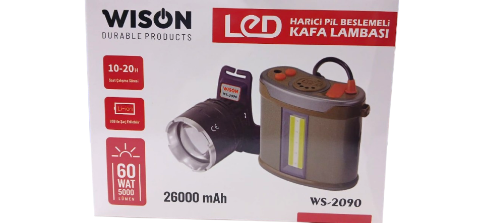 WS-2090 Harici Bataryalı Profesyonel Kafa Lambası | 60W – 5000 Lümen – 26000 Mah – Zoomlu – Metal Kasa – Powerbank – Type-C Şarjlı
