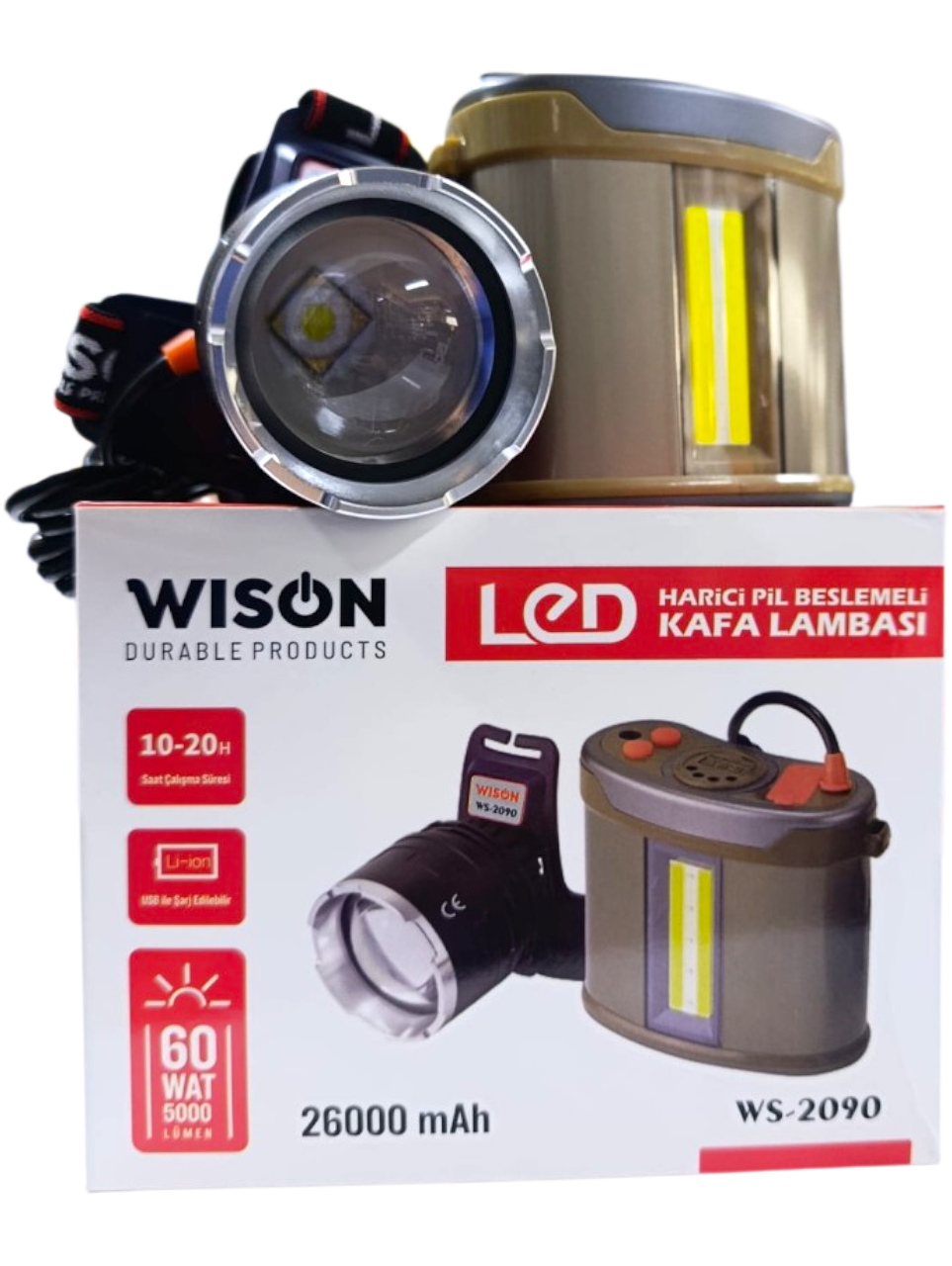 WS-2090 Harici Bataryalı Profesyonel Kafa Lambası | 60W – 5000 Lümen – 26000 Mah – Zoomlu – Metal Kasa – Powerbank – Type-C Şarjlı