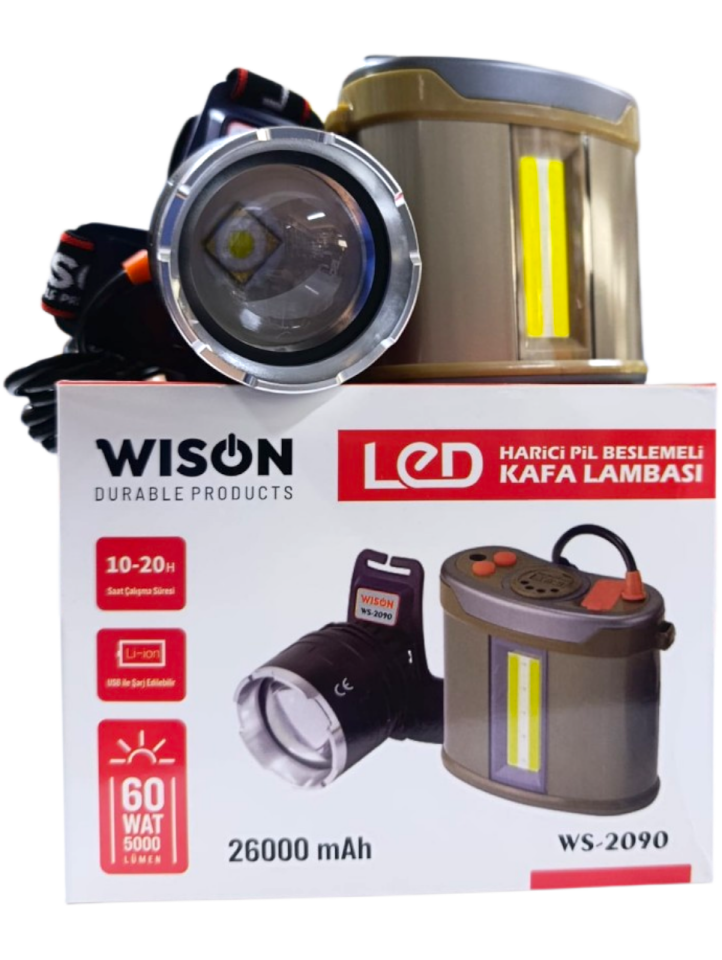 WS-2090 Harici Bataryalı Profesyonel Kafa Lambası | 60W – 5000 Lümen – 26000 Mah – Sensörlü – Zoomlu – Metal Kasa – Powerbank – Type-C Şarjlı