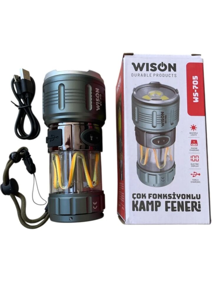 Wison WS-705 Şarjlı Kamp Lambası 10W 1000 Lümen Powerbank Özellikli Çok Modlu LED Fener Type-C Şarjlı