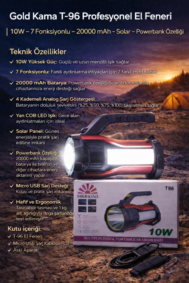 T-96 Profesyonel El Feneri | 10W – 7 Fonksiyonlu – 20000 mAh – Solar – Powerbank Özellikli
