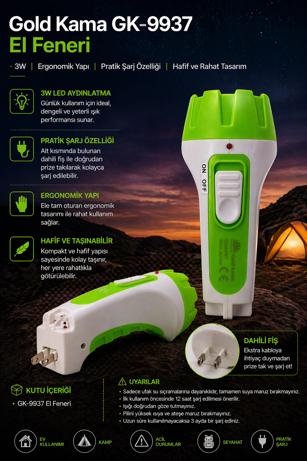 GK-9937 El Feneri | 3W – Ergonomik Tasarım – Pratik Şarj – Hafif ve Taşınabilir