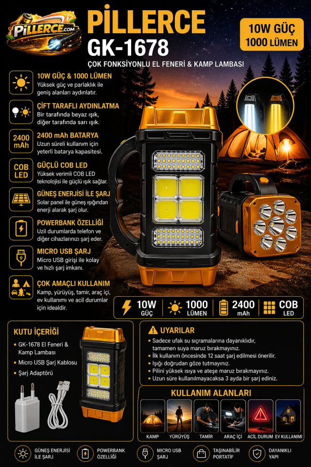 GK-1678 Çok Fonksiyonlu El Feneri & Kamp Lambası | 10W – 1000 Lümen – 2400 mAh – Solar – Powerbank Özellikli