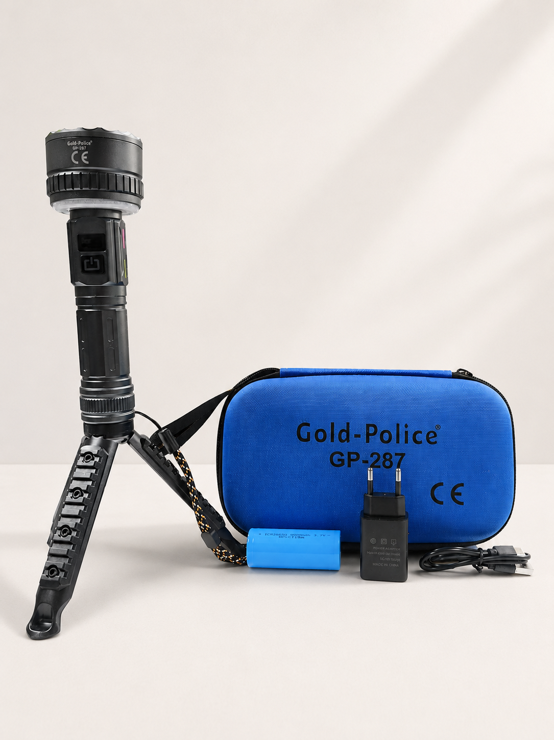 Gold Police GP-287 Profesyonel El Feneri | 50W – 5000 Lümen – 5000 mAh – Type-C Şarj – Dijital Şarj Göstergeli – Mıknatıslı – Tripodlu