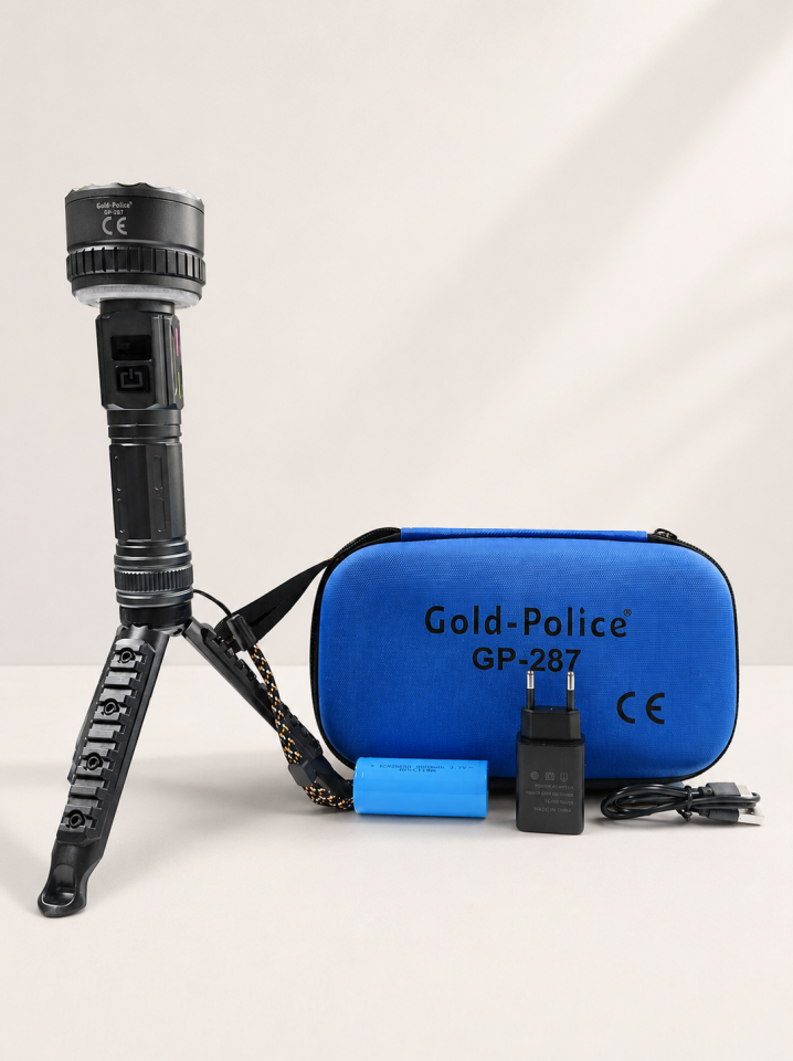 Gold Police GP-287 Profesyonel El Feneri | 50W – 5000 Lümen – 5000 mAh – Type-C Şarj – Dijital Şarj Göstergeli – Mıknatıslı – Tripodlu