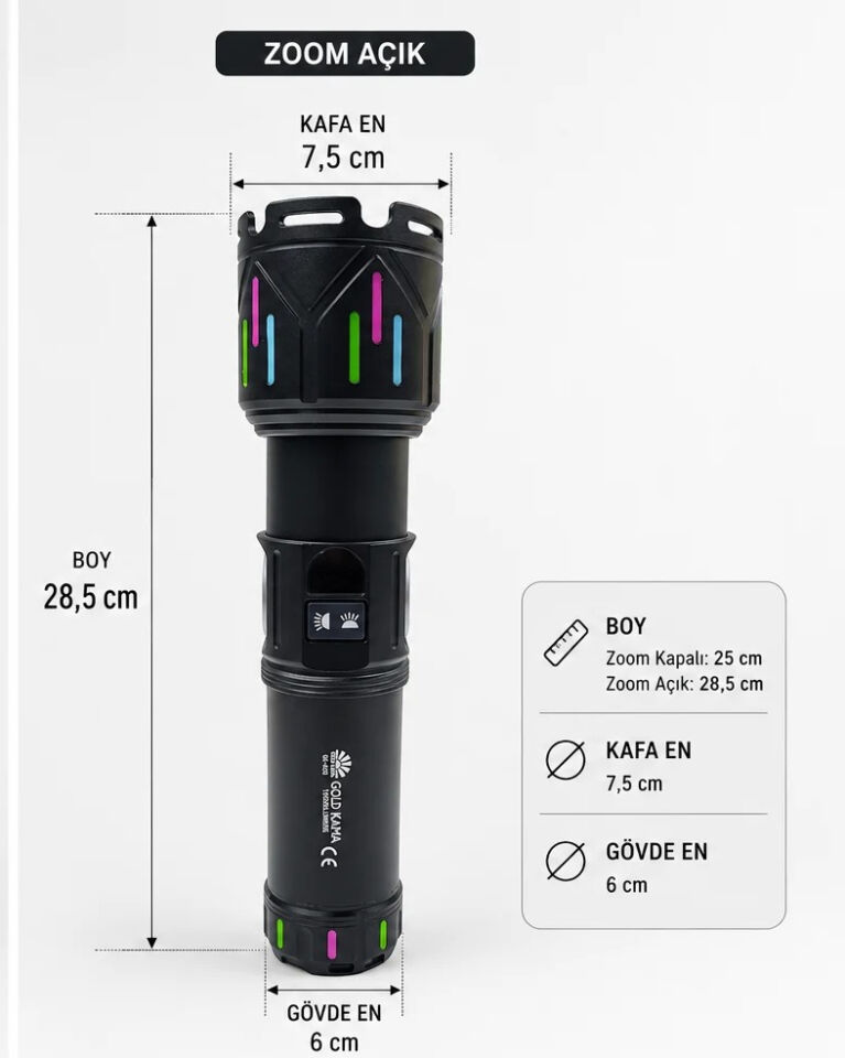 Gold Kama GK-G30 Profesyonel El Feneri | 150W – 15000 Lümen – 32000 mAh – Zoomlu – Çift COB LED – Powerbank Özellikli – Type-C Şarj