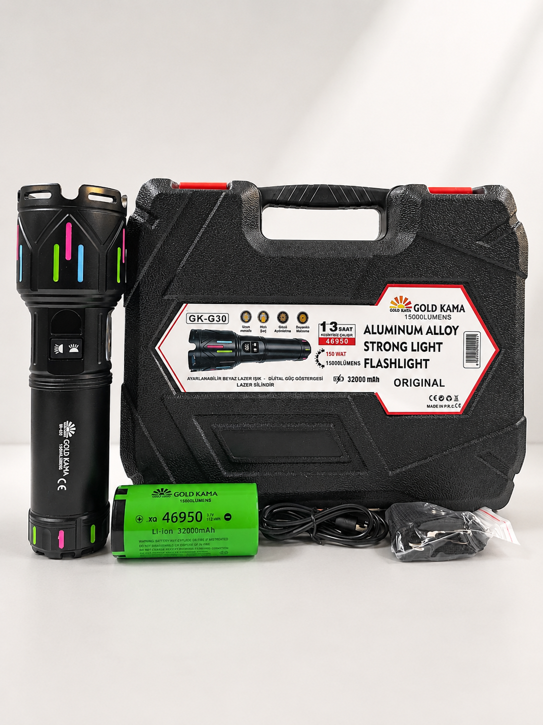 Gold Kama GK-G30 Profesyonel El Feneri | 150W – 15000 Lümen – 32000 mAh – Zoomlu – Çift COB LED – Powerbank Özellikli – Type-C Şarj