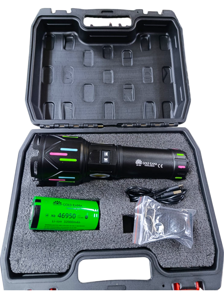 Gold Kama GK-G30 Profesyonel El Feneri | 150W – 15000 Lümen – 32000 mAh – Zoomlu – Çift COB LED – Powerbank Özellikli – Type-C Şarj