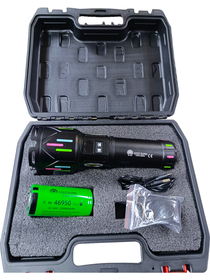 Gold Kama GK-G30 Profesyonel El Feneri | 150W – 15000 Lümen – 32000 mAh – Zoomlu – Çift COB LED – Powerbank Özellikli – Type-C Şarj