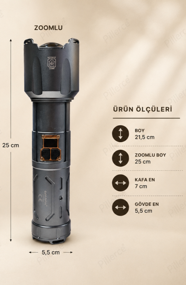 Gold Police GP-293 Profesyonel El Feneri | 250W – 25.000 Lümen – 35.600 mAh – Zoomlu – Type-C Hızlı Şarj – Powerbank Özellikli