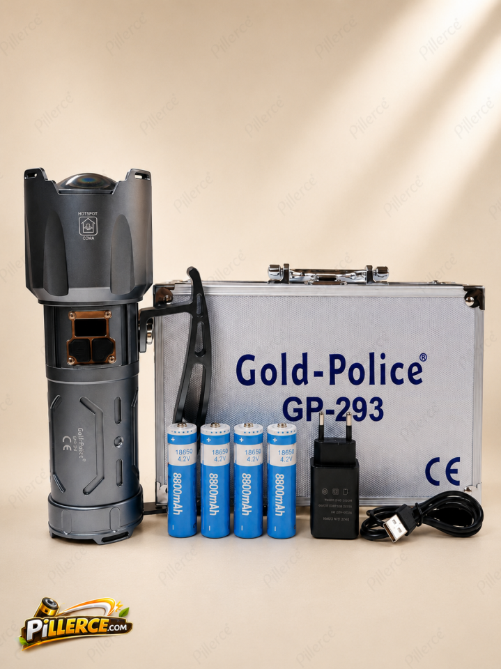 Gold Police GP-293 Profesyonel El Feneri | 250W – 25.000 Lümen – 35.600 mAh – Zoomlu – Type-C Hızlı Şarj – Powerbank Özellikli