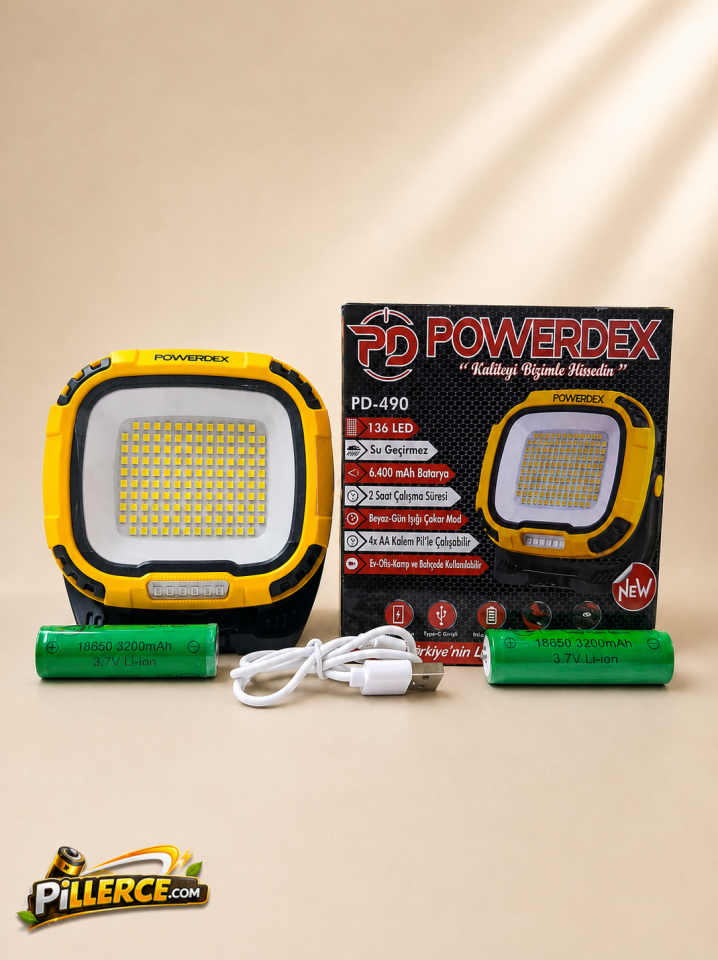 Powerdex PD-490 Profesyonel Çalışma Lambası | 136 LED – 6.400 mAh – Type-C Hızlı Şarj – Powerbank Özellikli