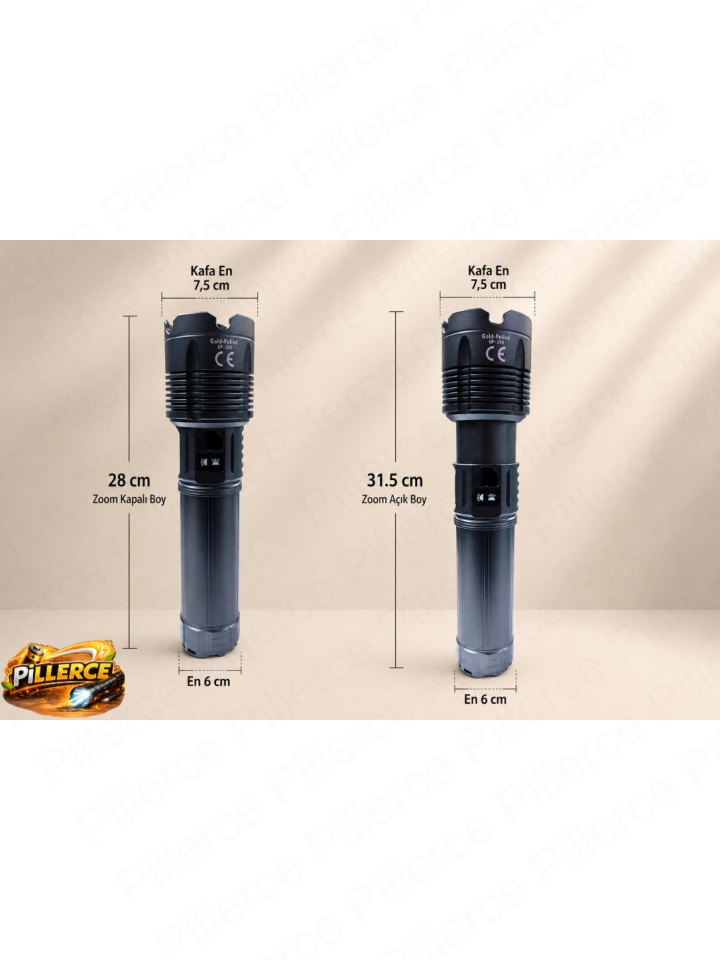 Gold Police GP-295 Profesyonel El Feneri | 300W – 30.000 Lümen – 36.800 mAh – Zoomlu – Type-C Hızlı Şarj
