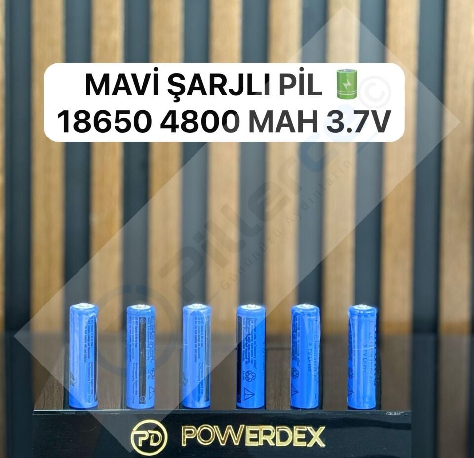 Powerdex 18650 Mavi Kafalı Şarjlı Pil | 4800 mAh – Lityum-İyon – Button Top – El Fenerleri İçin